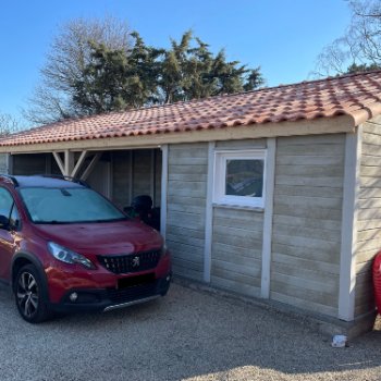 Abri de jardin en béton aspect bois 1 pente avec auvent